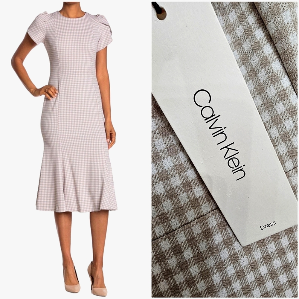 Nwt Calvin Klein Tan/White Small Gingham Knit Tulip Sleeve Midi Sheath Dress